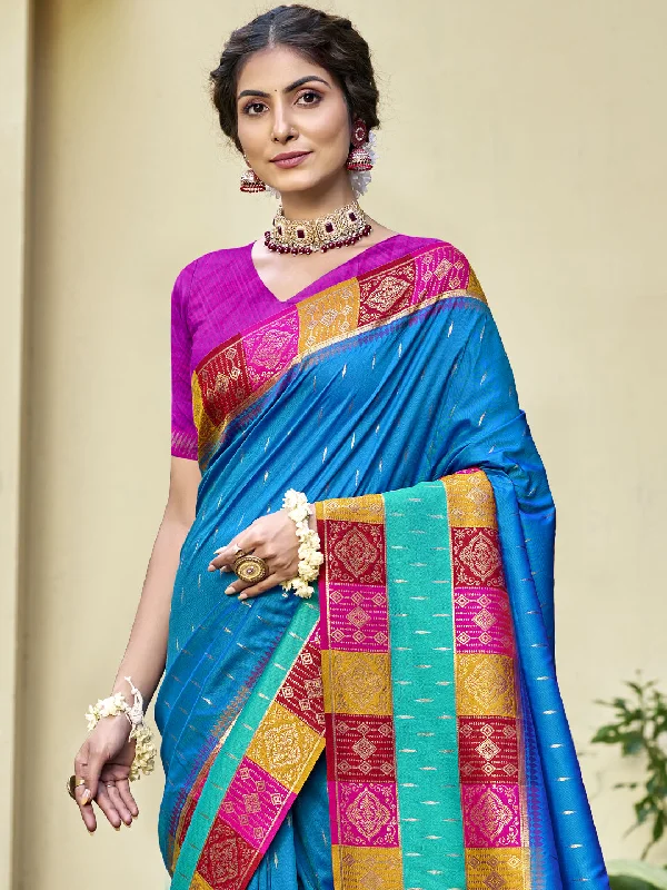 Women Sky Blue Silk Saree With Un Stitched Blouse Side Tie Blouse