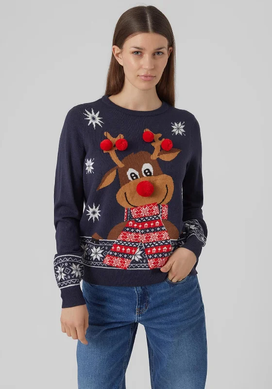 Vero Moda Frosty Deer Christmas Jumper, Navy Toggled Drawstring Belted