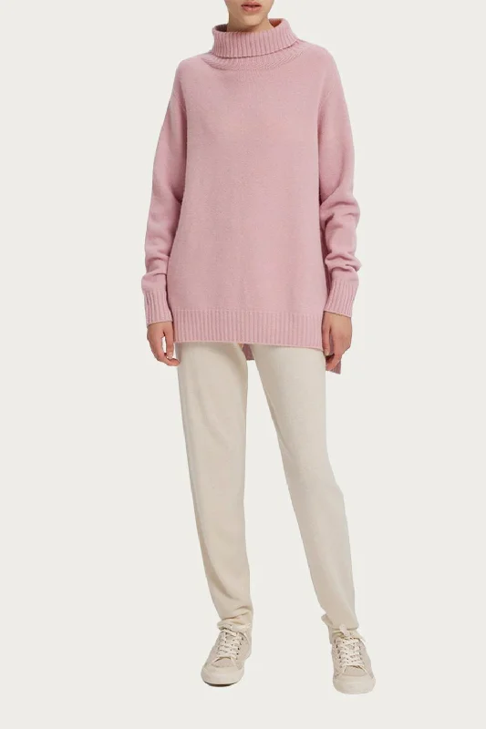 Funnel-Neck Cashmere Sweater In Ash Rose Solid Color Striped Floral Print