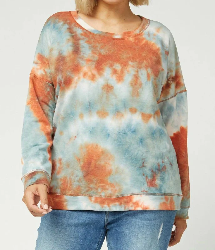 Tie Dye Sweater- Plus In Pumpkin And Blue Print Jacquard Patchwork