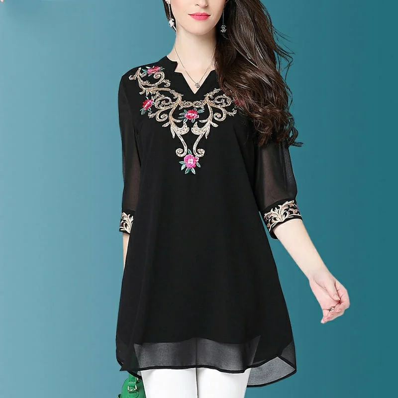 Wjczt Women's Spring Autumn Style Blouses Shirt Women's V-Neck Half Sleeve Solid Color Embroidery Korean Oversize Loose Tops DD9038 Floral Chiffon Blouse Wjczt Women's Spring Autumn Style Blouses Shirt Women's V-Neck Half Sleeve Solid Color Embroidery Korean Oversize Loose Tops DD9038 Floral Chiffon Blouse