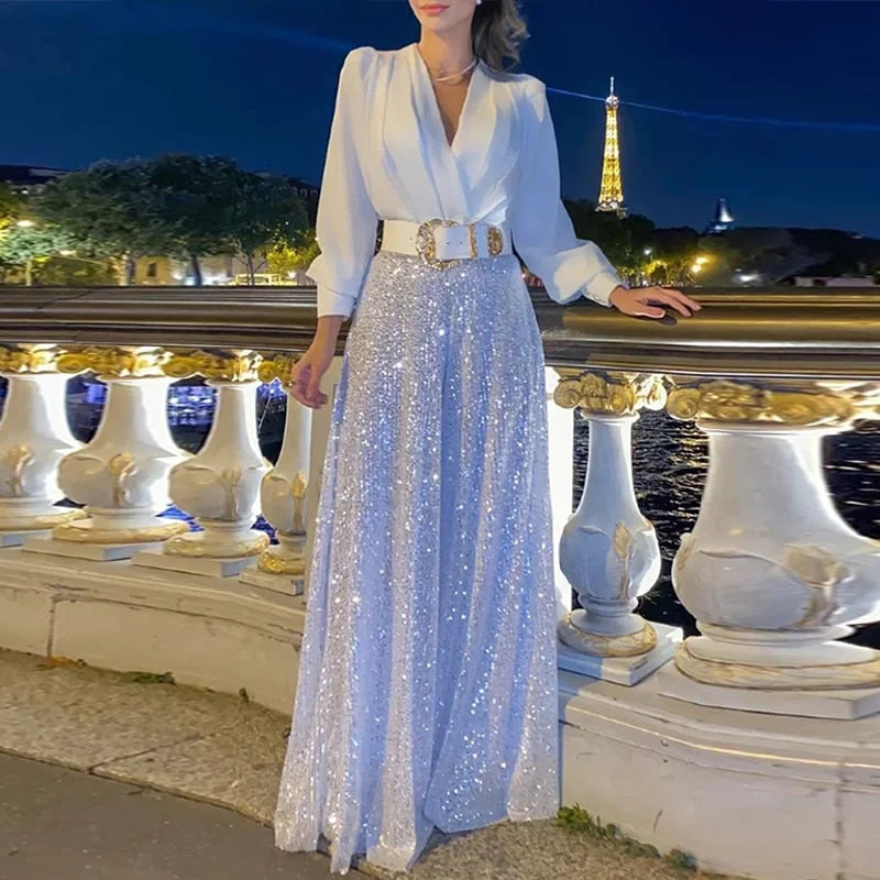 Wjczt Elegant Sequin Wide Leg Pants Office Lady Spring Commute Suits Sexy Party V-Neck Blouse Top+Trousers Women Outfits Two Piece Set Classic Minimalist Blouse Wjczt Elegant Sequin Wide Leg Pants Office Lady Spring Commute Suits Sexy Party V-Neck Blouse Top+Trousers Women Outfits Two Piece Set Classic Minimalist Blouse