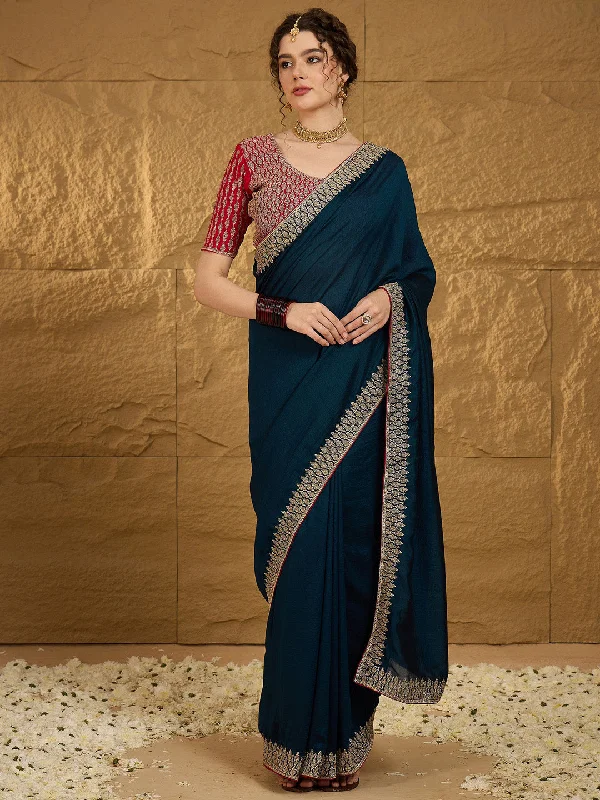 Women's Vichitra Silk Teal blue Embroidered Designer Saree With Blouse Piece Casual Relaxed Fit Blouse Women's Vichitra Silk Teal blue Embroidered Designer Saree With Blouse Piece Casual Relaxed Fit Blouse