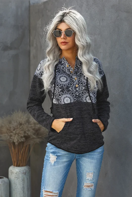 Retro Floral Contrast Panel Hoodie Hoodie with Half-Zip Sporty Casual