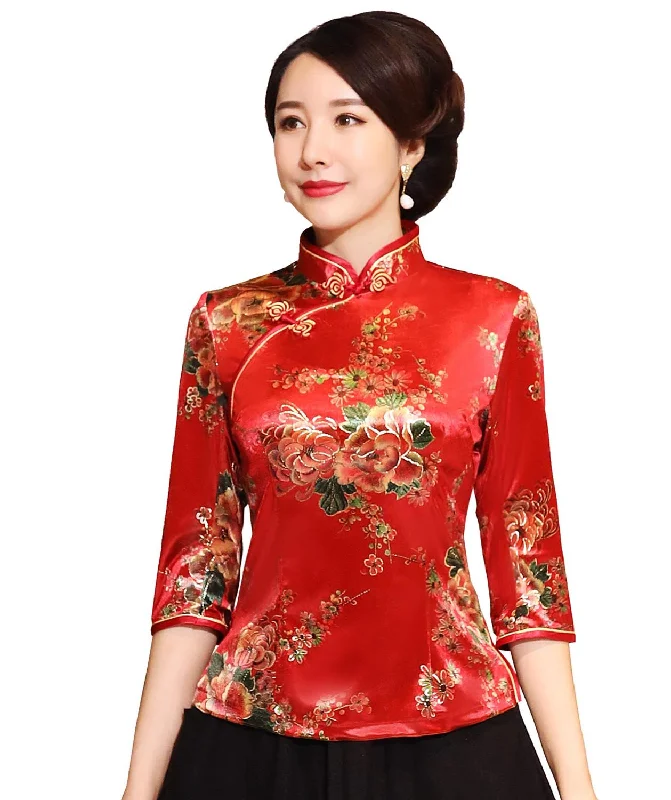Wjczt Chinese Button Woman's Shirt chinese traditional top 3/4 Sleeve cheongsam top Velvet traditional Chinese blouse Chic Square Blouse Wjczt Chinese Button Woman's Shirt chinese traditional top 3/4 Sleeve cheongsam top Velvet traditional Chinese blouse Chic Square Blouse