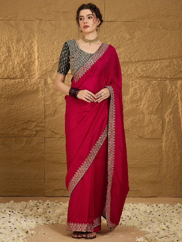 Women's Vichitra Silk Pink Embroidered Designer Saree With Blouse Piece Gathered Detail Blouse Women's Vichitra Silk Pink Embroidered Designer Saree With Blouse Piece Gathered Detail Blouse