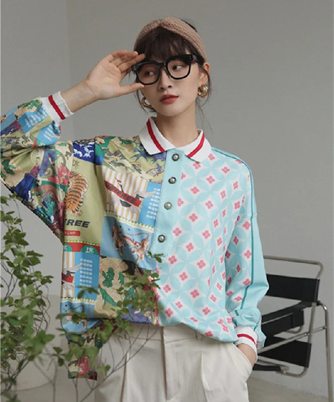 Wjczt Spring and Autumn Long Sleeve Polo Blouse Women's Loose Chinese Style Splicing Retro Printed Shirt Women Plus Size Women Shirts Polished Work Blouse Wjczt Spring and Autumn Long Sleeve Polo Blouse Women's Loose Chinese Style Splicing Retro Printed Shirt Women Plus Size Women Shirts Polished Work Blouse