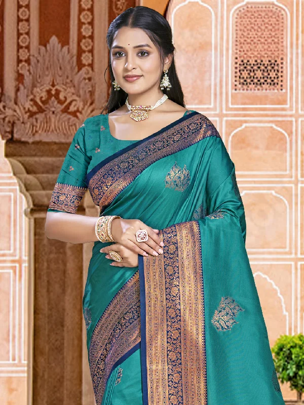 Women Rama Silk Saree With Un Stitched Blouse Off-Shoulder Wrap Blouse