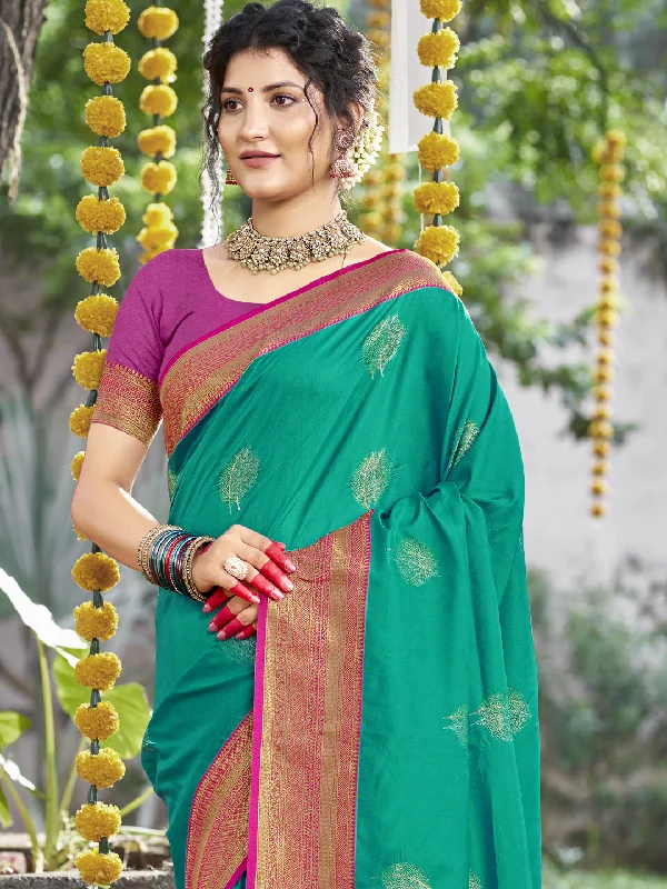 Women Teal Green Silk Saree With Un Stitched Blouse Lightweight Tunic Blouse