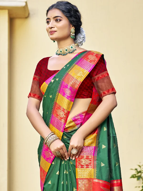 Women Green Silk Saree With Un Stitched Blouse Soft Satin Blouse