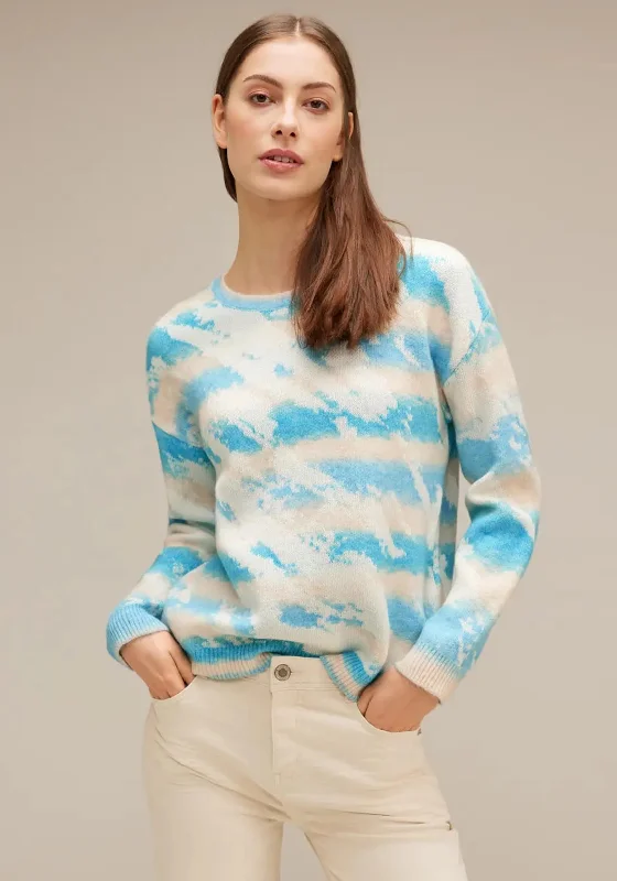 Street One Stripe Cloud Print Knit Sweater, Light Aquamarine Blue Boat Neck Shawl Collar Notched Collar Street One Stripe Cloud Print Knit Sweater, Light Aquamarine Blue Boat Neck Shawl Collar Notched Collar