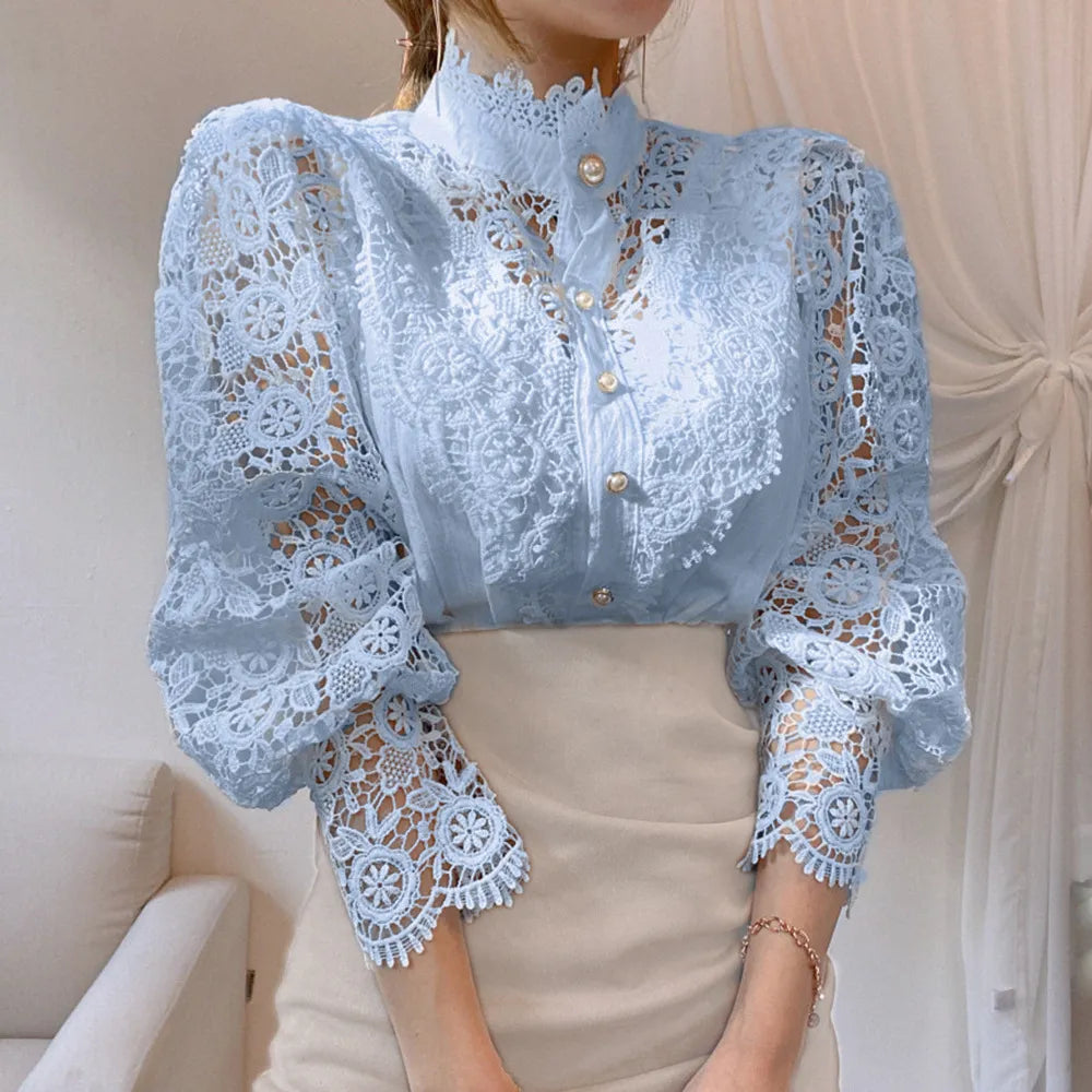 Wjczt Women's Elegant Embroidery Lace Blouses Flower Petal Sleeve Hollow Out Stand Collar Tunic Spring Solid White Shirt Top For Women Gathered Detail Blouse Wjczt Women's Elegant Embroidery Lace Blouses Flower Petal Sleeve Hollow Out Stand Collar Tunic Spring Solid White Shirt Top For Women Gathered Detail Blouse