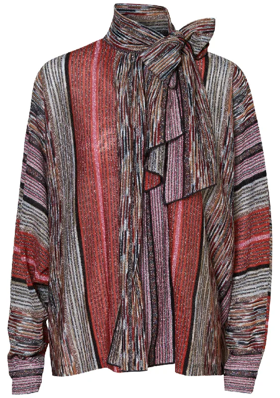 Bat Sleeve Lamé Blouse Multicolour Collared Satin Blouse