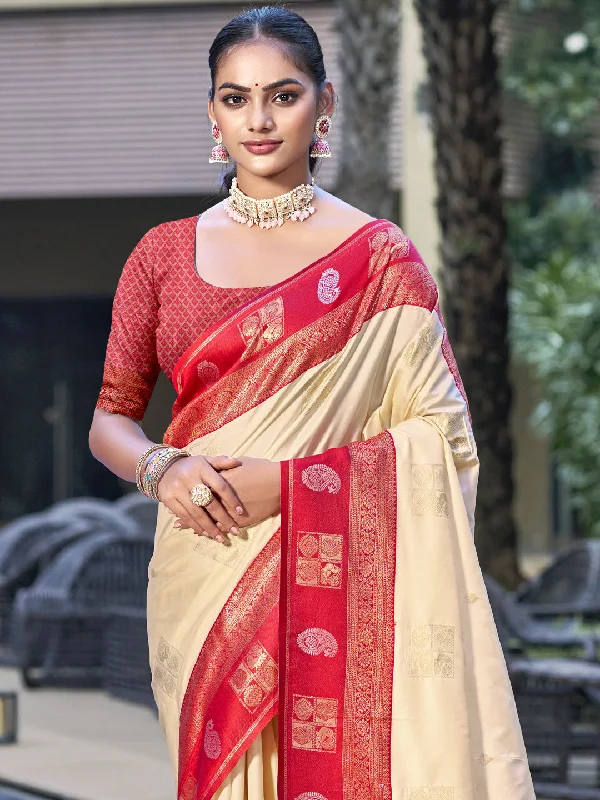 Women Cream Silk Saree With Un Stitched Blouse Sheer Mesh Blouse