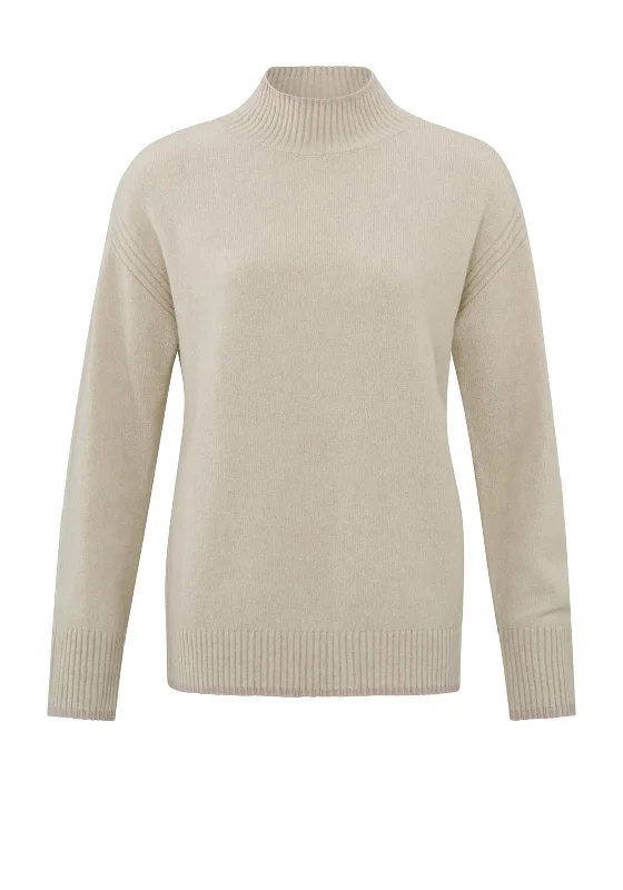 YAYA Turtleneck Wool Blend Sweater, Beige Embroidered Appliqued Beaded