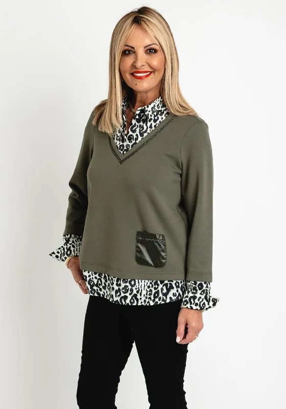 Just White Two in One Leopard Print Sweater and Shirt Set, Khaki Front Pockets Side Pockets Patch Pockets Just White Two in One Leopard Print Sweater and Shirt Set, Khaki Front Pockets Side Pockets Patch Pockets