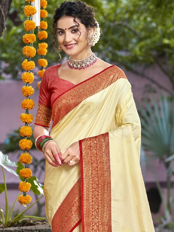 Women Cream Silk Saree With Un Stitched Blouse Relaxed Fit Blouse