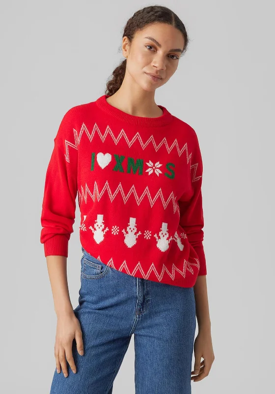 Vero Moda I Heart Xmas Jumper, Chinese Red Boat Neck Shawl Collar Notched Collar
