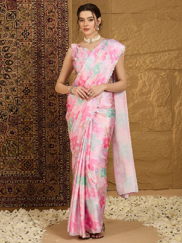 Women's Satin Silk Pink Embellished Designer Saree With Blouse Piece Short Sleeve Blouse