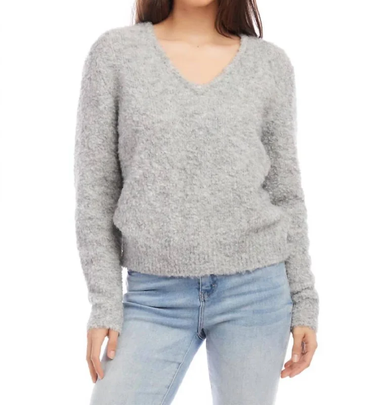 V-Neck Sweater In Grey Real Fur Shearling Chenille
