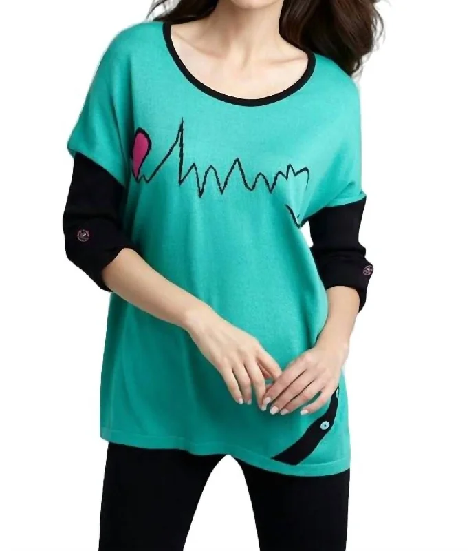 Heartbeat Graphic Sweater In Teal/black Stretchy Elastic Breathable