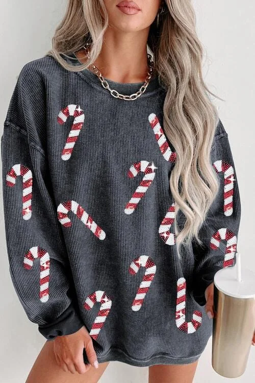 Sequin Candy Cane Round Neck Sweatshirt Hoodie with Hem Detail Decorative Unique