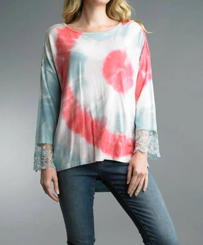 Tie Dye And Lace Hi Low Sweater In Multi Iron Safe Non-Iron Wrinkle Free