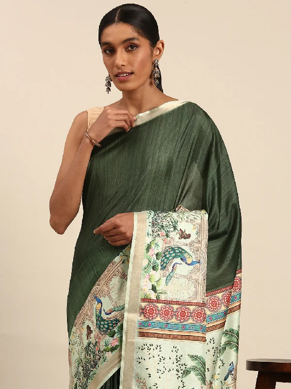 Women Green Cotton Saree With Un Stitched Blouse Chic Wrap Blouse