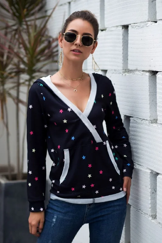 Star Print Kangaroo Pocket Hoodie Hoodie with Puffed Sleeves Voluminous Trendy
