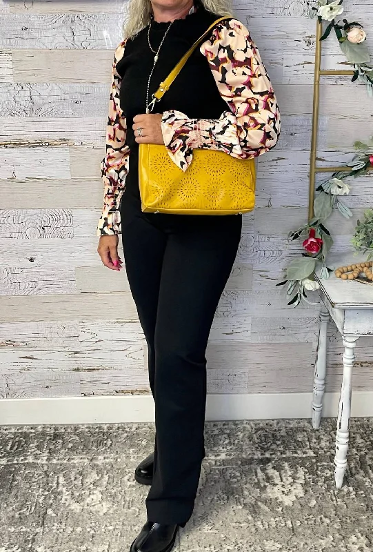 Floral Sleeve Sweater Top In Black/floral Houndstooth Herringbone Solid