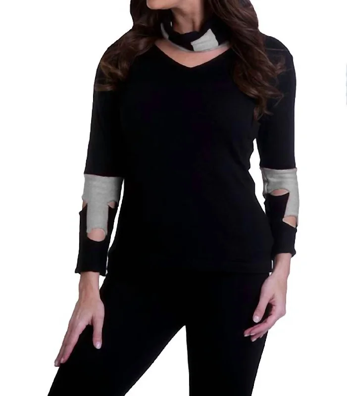 Cut Work Sweater In Black/stone Cashmere Blend Cotton Blend Poly Blend