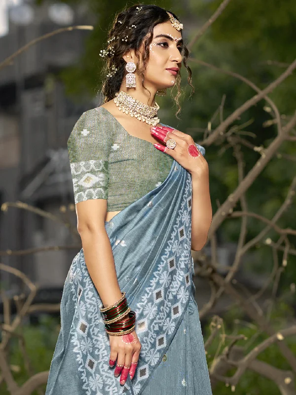 Women Grey Linen Saree With Un Stitched Blouse Floral Print Blouse