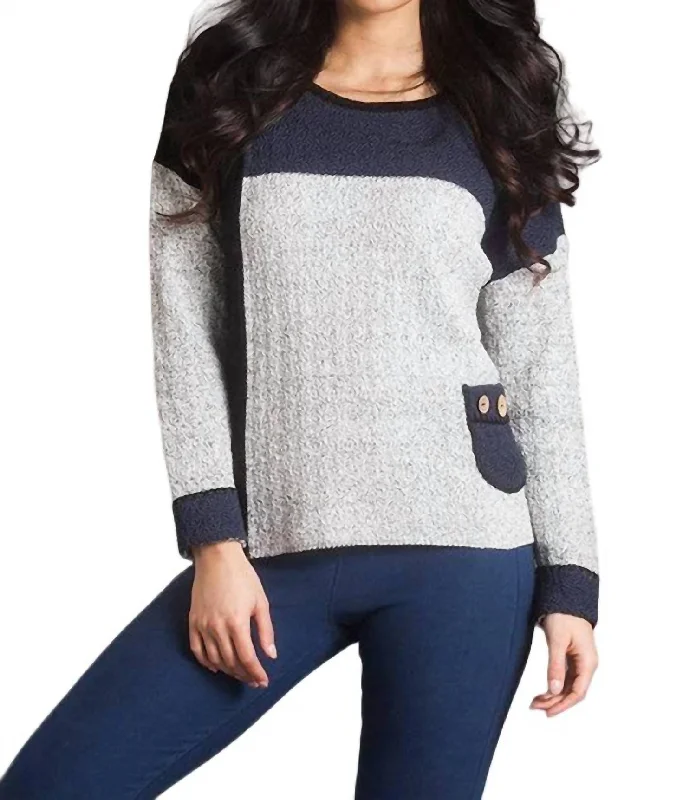 Boucle Color Block Crew Sweater In Slate Combo Notch Collar Peter Pan Collar Cowl Neck Boucle Color Block Crew Sweater In Slate Combo Notch Collar Peter Pan Collar Cowl Neck