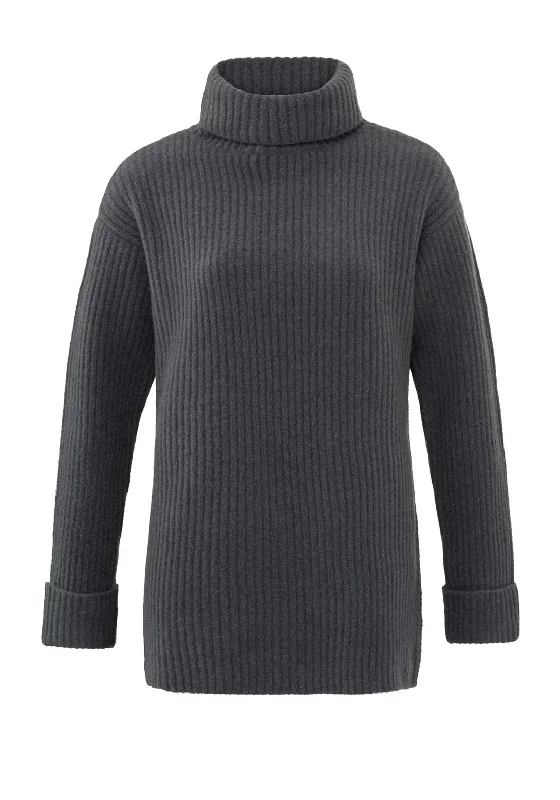 YAYA Turtleneck Ribbed Sweater, Pinstripe Grey Print Jacquard Patchwork