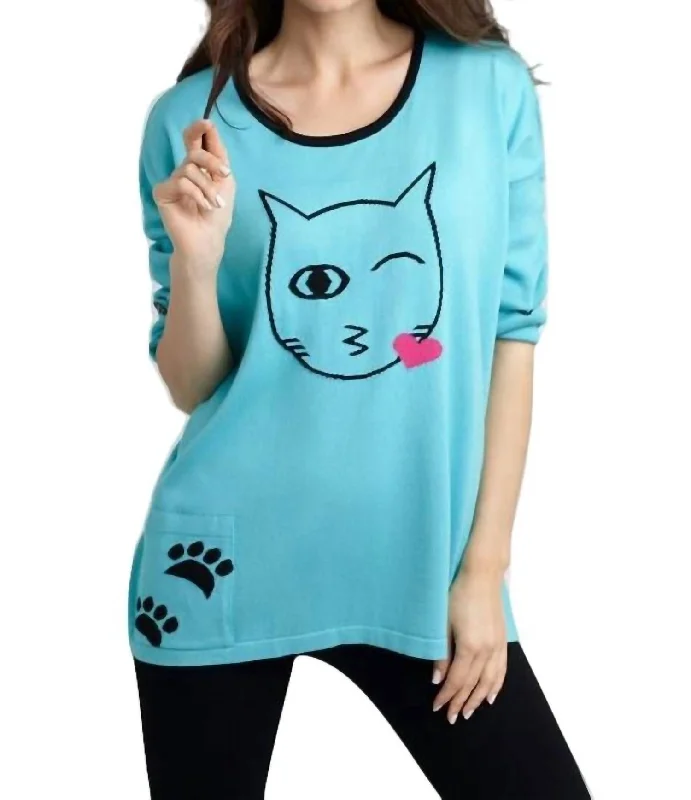 Cat Kiss Graphic Sweater In Turquoise/black Satin Fabric Silk Fabric Chiffon Fabric