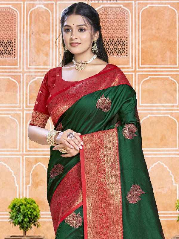 Women Dark Green Silk Saree With Un Stitched Blouse Collared Satin Blouse