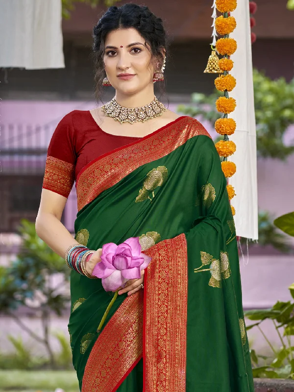 Women Bottle Green Silk Saree With Un Stitched Blouse Feminine Puff Blouse