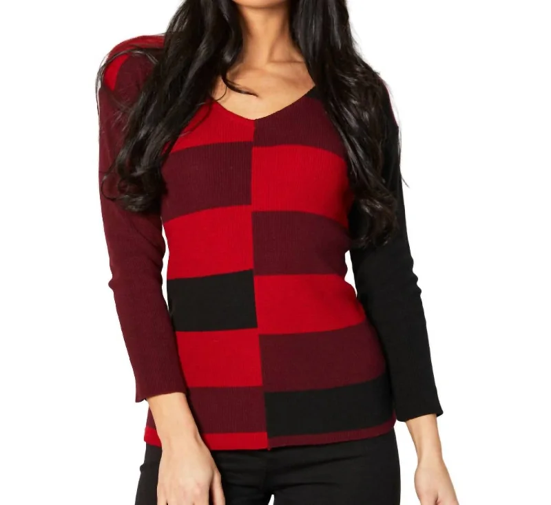 Ribbed V-Neck Sweater In Black/red Terry Terry Cloth Terry Knit