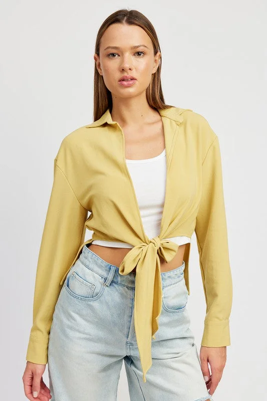 TIE FRONT CROPPED BLOUSE Cotton Casual Blouse