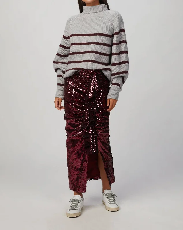 Fiona Striped Sweater In Light Grey/burgundy Elasticated Padded Insulated