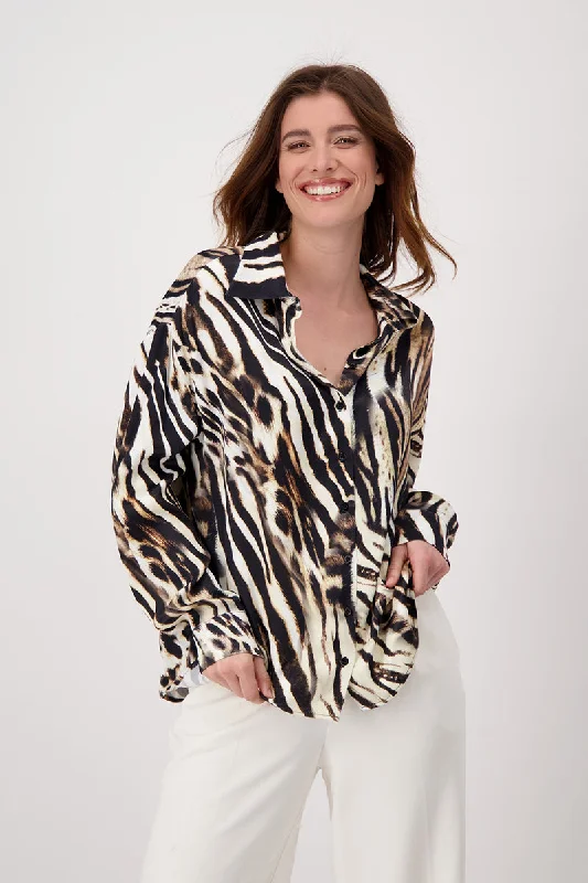 Animal Print Blouse 807162MNR in Biscuit by Monari Stretchy Fitted Blouse