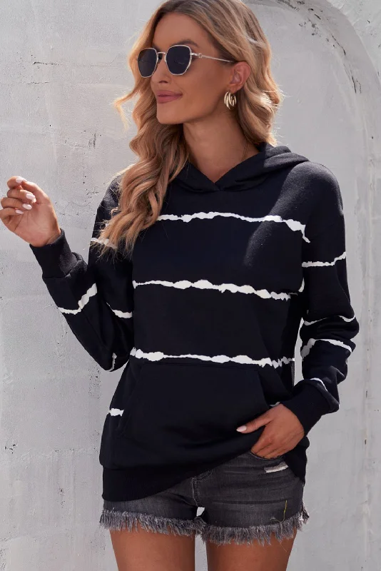 Striped Drop Shoulder Hoodie with Kangaroo Pocket Hoodie with Hem Applique Textured Unique Striped Drop Shoulder Hoodie with Kangaroo Pocket Hoodie with Hem Applique Textured Unique