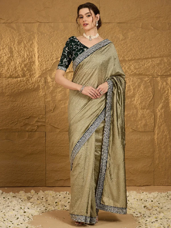 Women's Vichitra Silk Olive Embroidered Designer Saree With Blouse Piece Chic Sleeveless Blouse Women's Vichitra Silk Olive Embroidered Designer Saree With Blouse Piece Chic Sleeveless Blouse