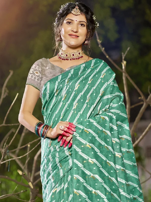 Women Teal Green Linen Saree With Un Stitched Blouse Versatile Layering Blouse
