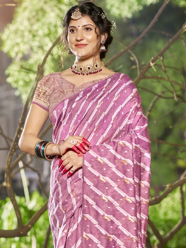 Women Purple Linen Saree With Un Stitched Blouse Mandarin Collar Blouse