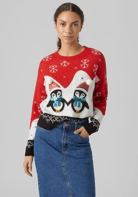 Vero Moda Sequin Penguin Print Christmas Jumper, Chinese Red Oversized Loose Flowy