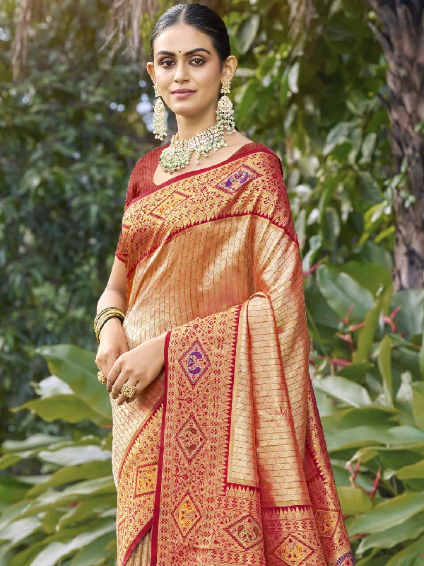 Women Peach Silk Saree With Un Stitched Blouse Loose Oversized Blouse