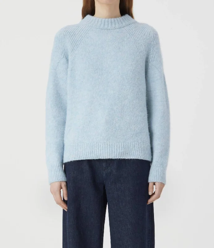 Crew Neck Long Sleeve Sweater In Blue Water Boat Neck Shawl Collar Notched Collar