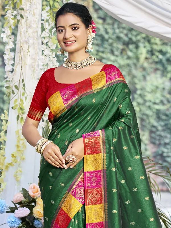 Women Dark Green Silk Saree With Un Stitched Blouse Semi-Sheer Blouse