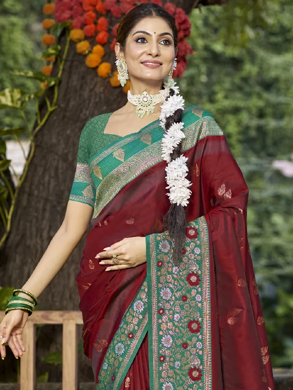 Women Maroon Silk Saree With Un Stitched Blouse Modern Oversized Blouse
